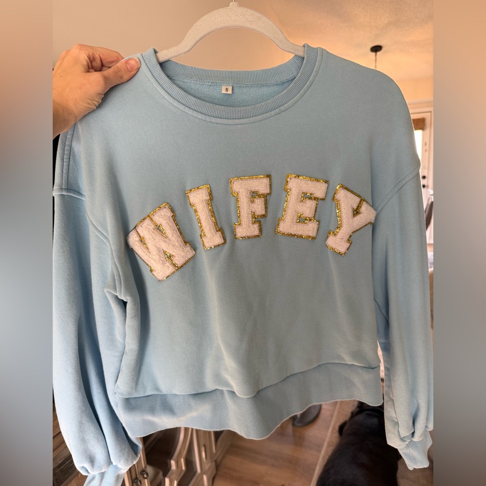 Light Blue 'Wifey' Cropped Crewneck Sweater